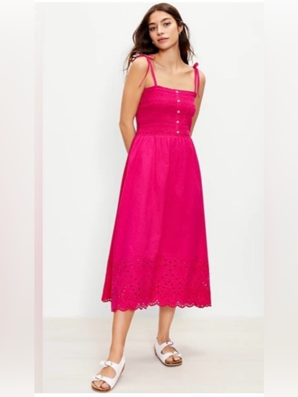 LOFT Eyelet Chambray Smocked Midi Tank Dress Sz L Boho Cottagecore Beachy